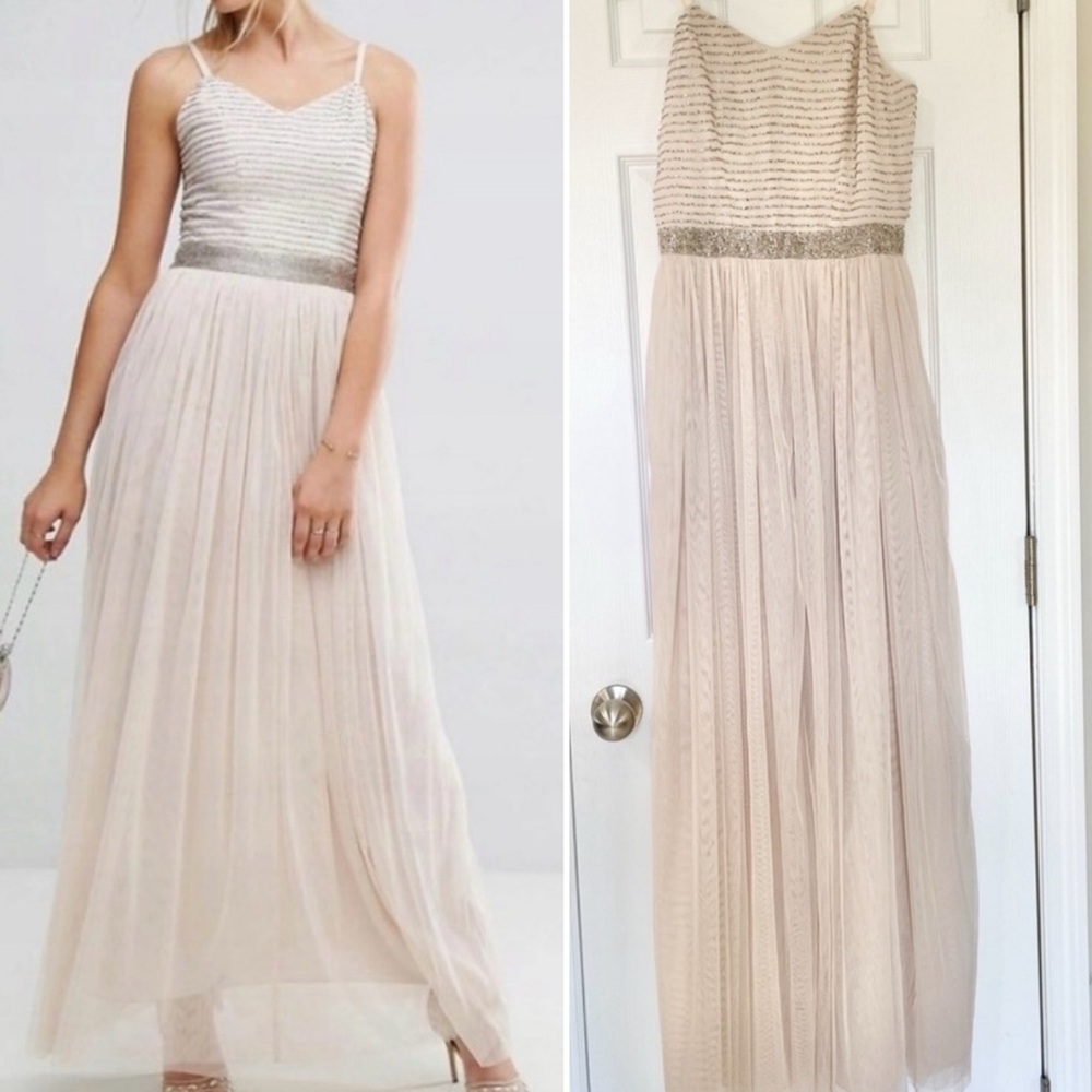 Amelia Rose ASOS Blush Tulle Maxi Dress Beaded Detail Size UK 8/US 4